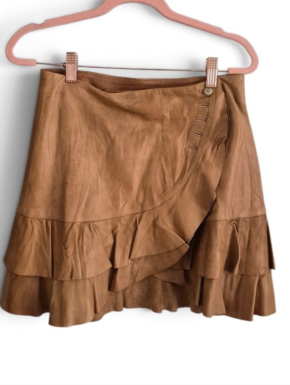 Premium Jione Genuine Leather Tiered Ruffle Wrap Mini Skirt Camel Tan Size 4-6 S